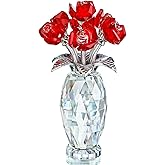 Red Crystal Rose Flower Figurine with Base,Glass Flower Bouquet Gifts for Women Girlfriend Wife,Handmade Crystal Flower Collectible Home Table Decor for Christmas Day Wedding Anniversary