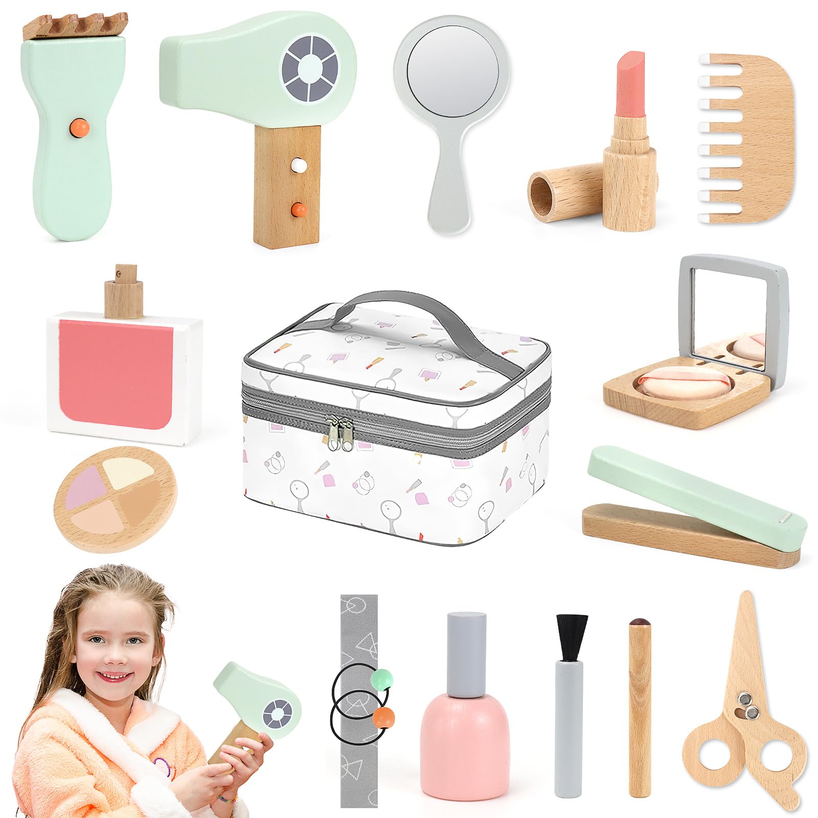 Wooden Makeup Toy Set for Girls, 17 Pcs Pretend Play Hairdressing Kit with Cosmetic Bag, Montessori Beauty Salon Role Play Toys, Birthday Gift for Age 3-7