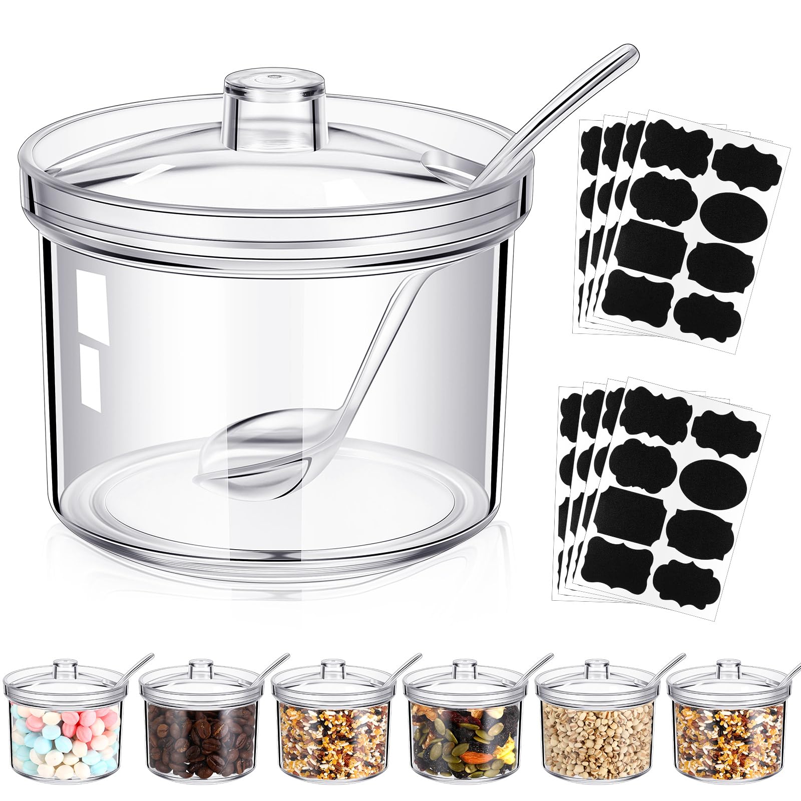 Photo 1 of Tioncy 12 Pcs Sugar Bowls with Lid and Spoon Ice Cream Hot Cocoa Chocolate Bar Supplies Acrylic Sugar Jars Candy Dispenser with Tag for Condiment Jars Seasoning Kitchen (7.1 oz,Clear)
