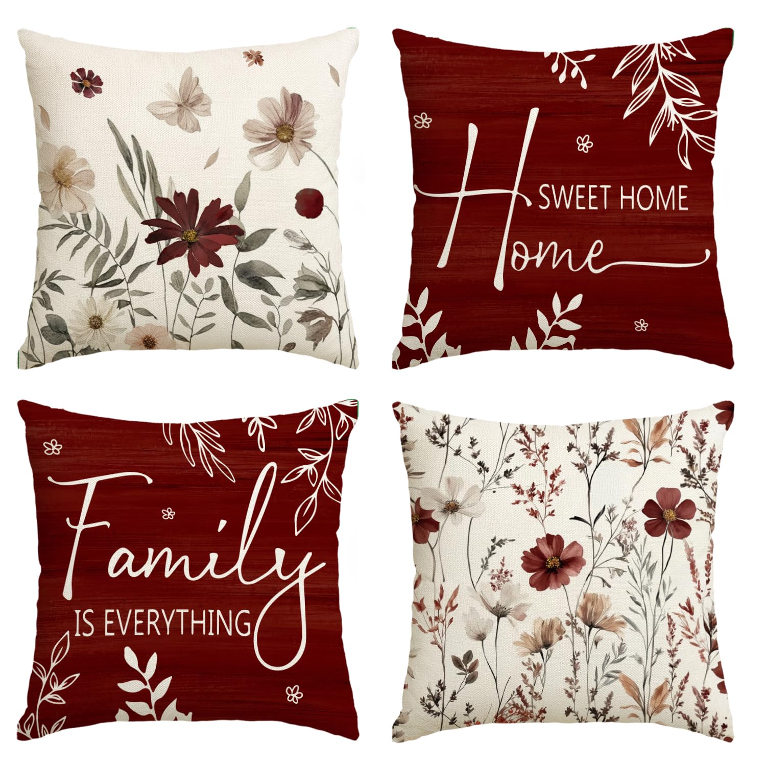 Photo 1 of AVOIN colorlife Fall Home Sweet Home Flowers Red Pillow Covers, 18 x 18 Inch Famliy is Everything Seasonal Fall Thanksgiving Harvest Cushion Case Decoration for Sofa Couch Set of 4