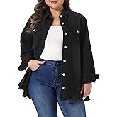 Agnes Orinda Women's Plus Size Denim Shirts Casual Long Sleeve Button Down Long Distressed Denim Jacket