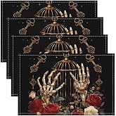 Feelyou Gothic Sugar Skull Placemats Set of 4 12x18 Inch | Floral Rose Table Mats for Party Kitchen Dining Flower Place Mat for Dinner Table Indoor Outdoor Non-Slip Washable