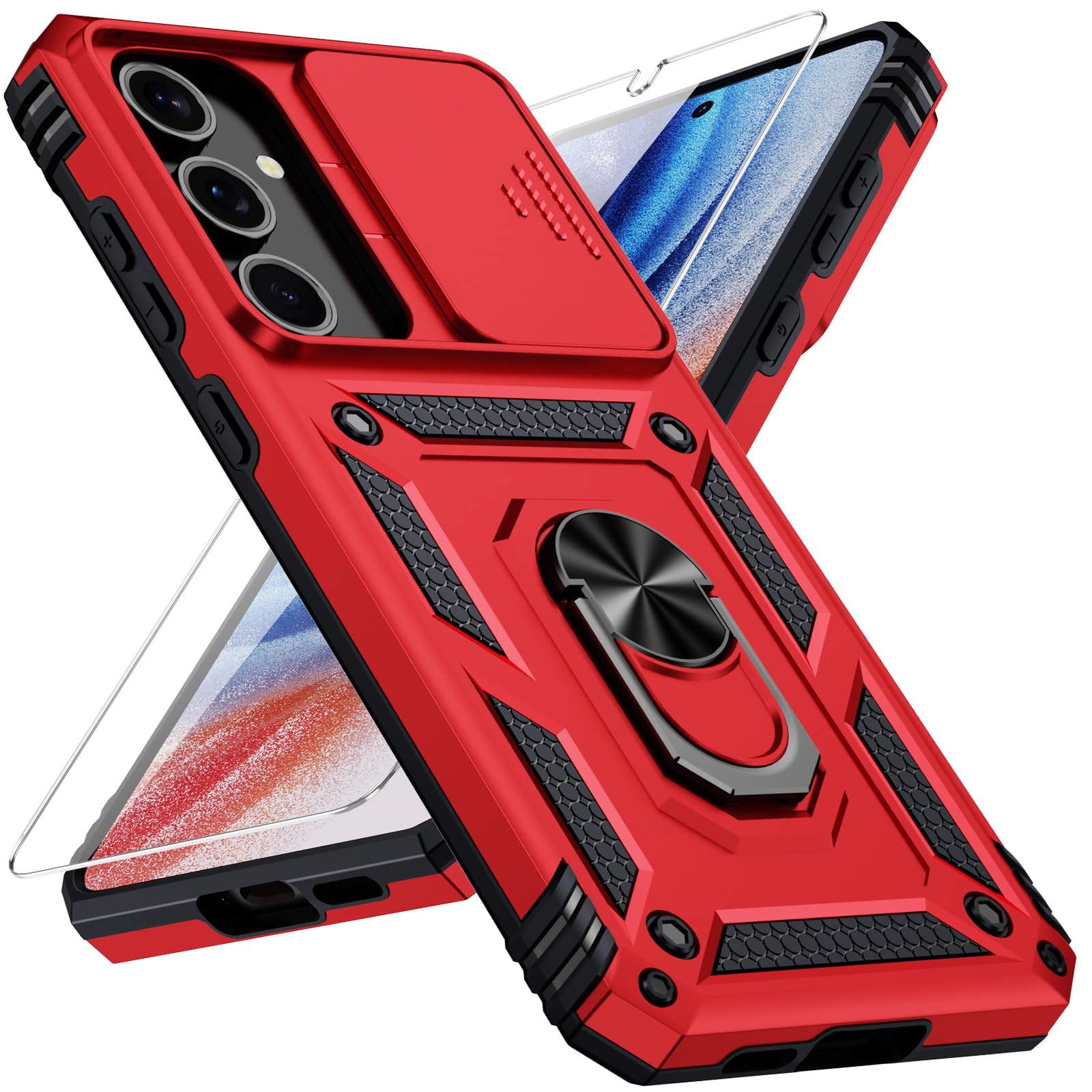 Weycolor for Samsung Galaxy S23 Case with Camera Lens Cover, 10 FT Military Grade Drop Protection, Magnetic Ring Holder Kickstand Protective Phone Case, Red