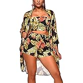 KEYUFANG Women 3 Piece Vocation Outfits Summer Suit Floral Kimono Cardigans Beach Cover Up Crop Cami Top Short Set