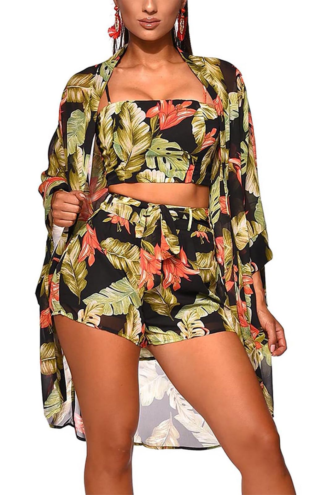 Photo 1 of KEYUFANG Women 3 Piece Vocation Outfits Summer Suit Floral Kimono Cardigans Beach Cover Up Crop Cami Top Short Set Black