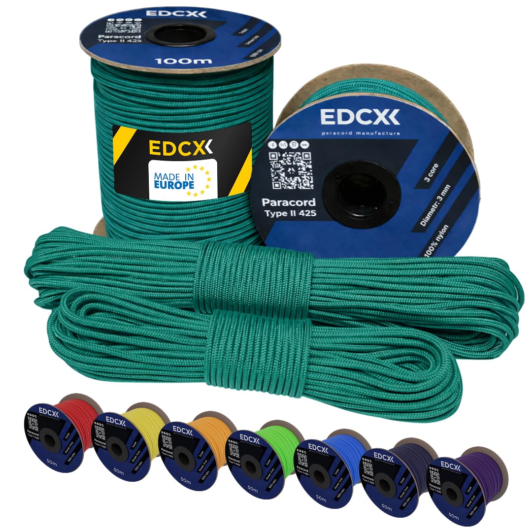 EdcX 3 mm Nylon Paracord 425 (15, 30, 50 and 100m) – 3 mm Type II, 100% Nylon Rope, 3 Strand Rope, 3 mm Nylon Rope in Many Colors (Emerald Green, 15 m)