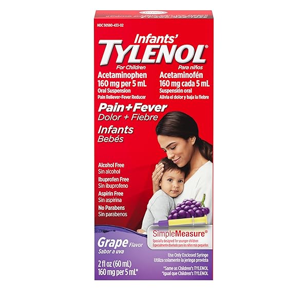INFANTS’ TYLENOL LIQUID PAIN RELIEF & FEVER MEDICINE, ORAL SUSPENSION, ACETAMINOPHEN FOR SORE THROAT, HEADACHE & TEETHING, PAIN RELIEVER & FEVER REDUCER FOR KIDS; GRAPE FLAVOR, 2 FL. OZ.; PACK OF 1