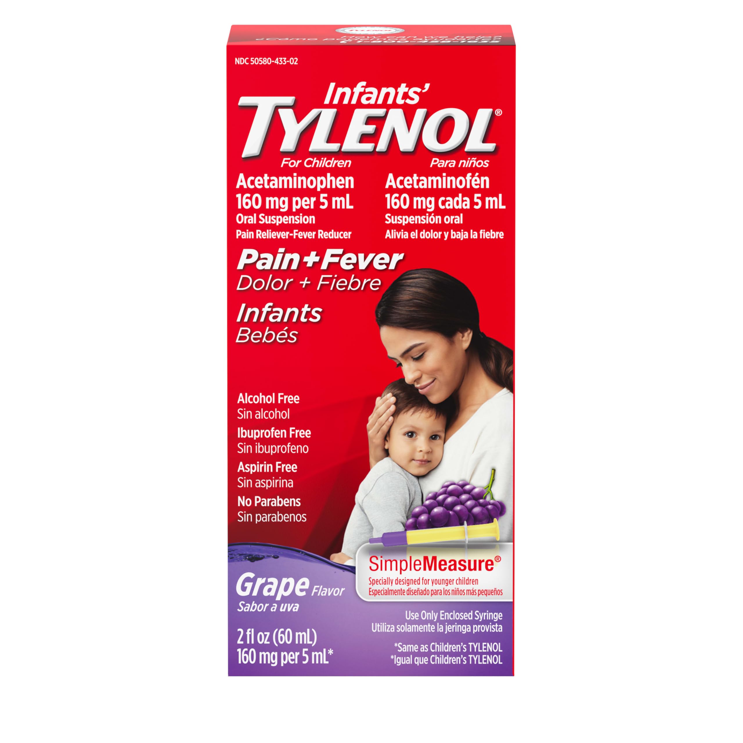Infants' Tylenol Liquid Pain Relief & Fever Medicine, Oral Suspension, Acetaminophen for Sore Throat, Headache & Teething, Pain Reliever & Fever Reducer for Kids; Grape Flavor, 2 fl. oz.; Pack of 1