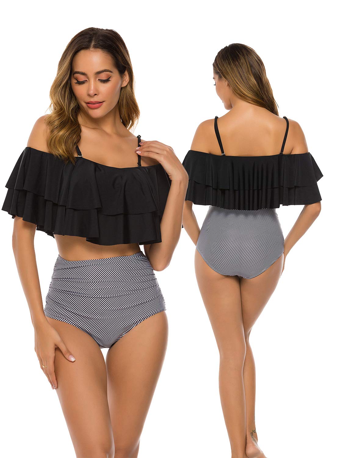 TRENDOUX Womens Swimsuits, Off The Shoulder Bathing Suits - Two Piece Flounce Crop Top Ruffle Bikini - Modest High Waisted Swimwear - Tummy Control Beachwear for Girls - Black S