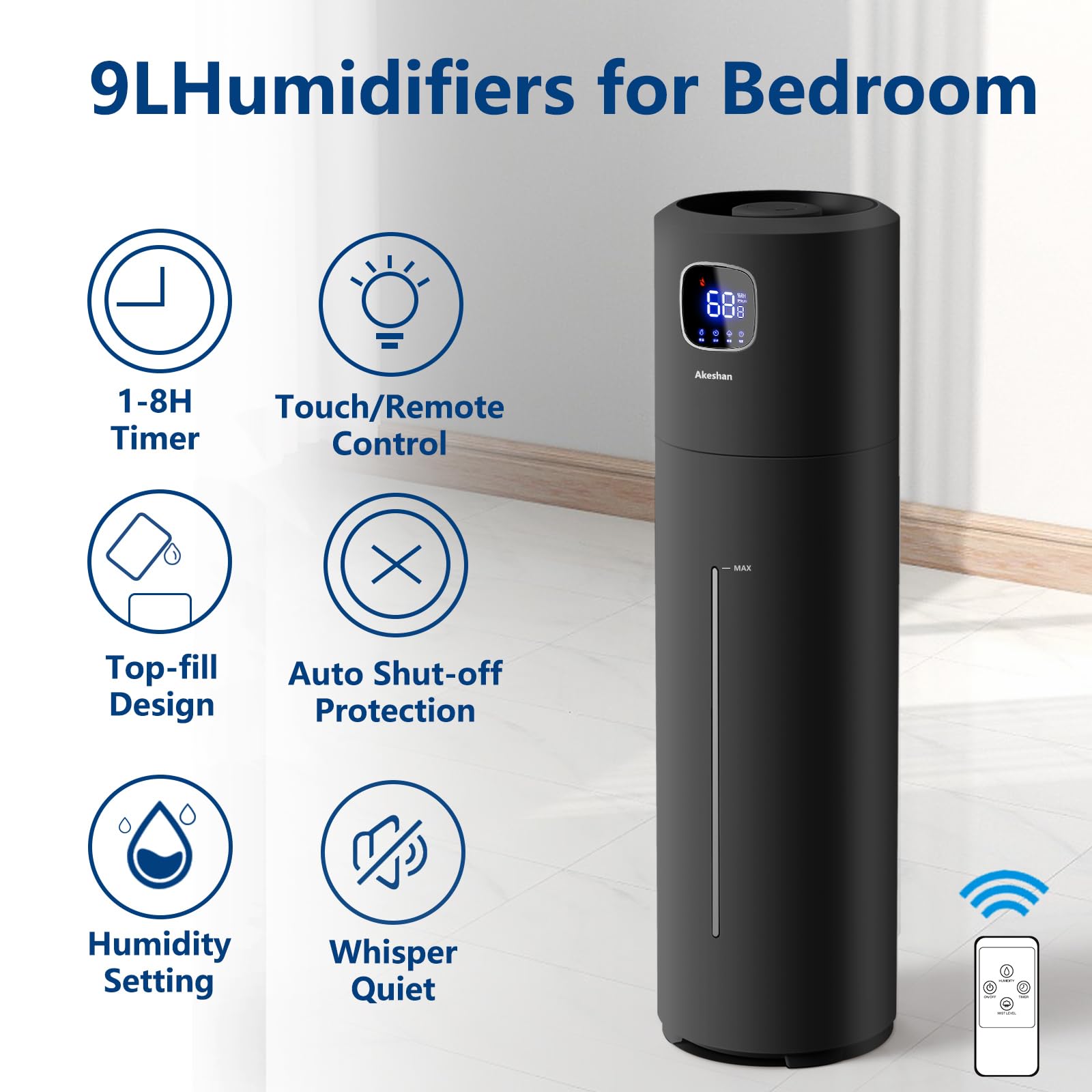 Large Humidifiers for Bedroom, 9L/2.5Gal Ultrasonic Cool Mist, Easy Clean with 350ML/H Large Mist Speed, Quiet Tower, Suitable for Kids Room Plant Yoga (Black)