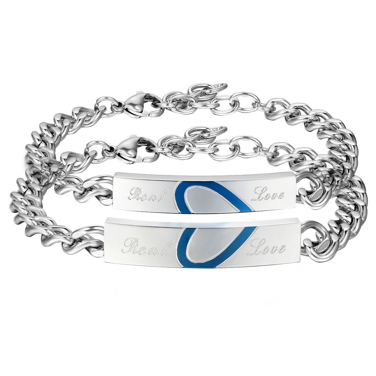 Cupimatch 2PCS Couples Bracelets Set Stainless Steel Love Heart Puzzle Matching Valentine Engagement Gift Link Chain Bracelet for Men Women (Blue)