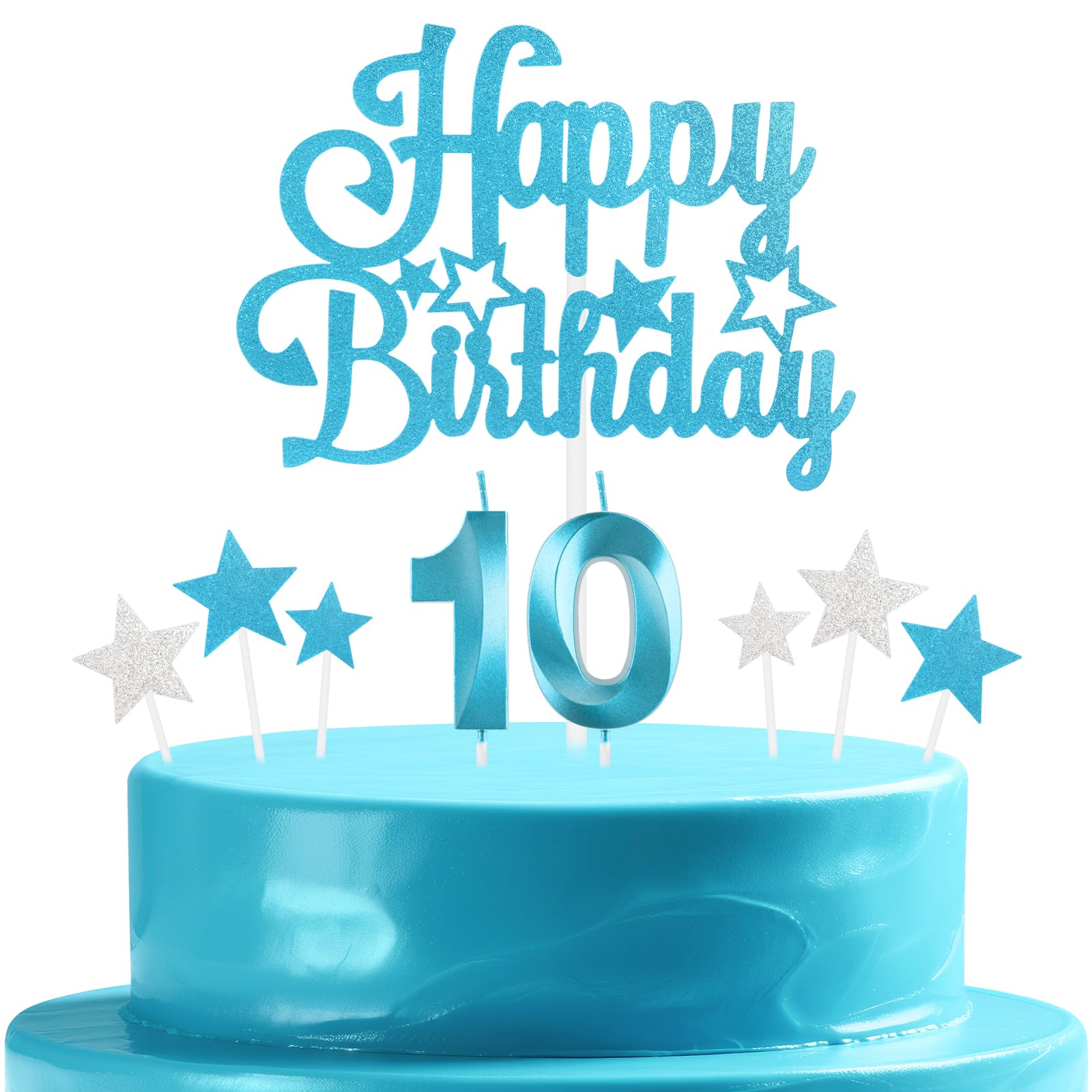 mciskin Blue Birthday Candles Set,Girl Boy 10th Birthday Decorations,Number 10 Candle for Cake,Blue Candles Cake Toppers with Star for Girls Boys Birthday Party Anniversary Decorations
