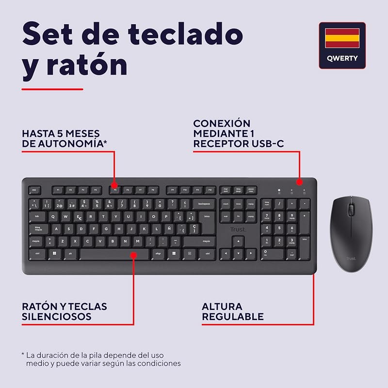 Teclado e rato sem fios Taro Pack QWERTY Espanhol, Preto