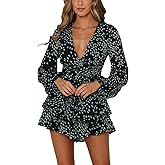 Bonkwa Women's Summer Deep V-Neck Floral Print Romper Long Baggy Sleeves Double Layer Ruffle Hem Short Jumpsuits with Belt…