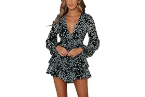 Bonkwa Women's Summer Deep V-Neck Floral Print Romper Long Baggy Sleeves Double Layer Ruffle Hem Short Jumpsuits with Belt…