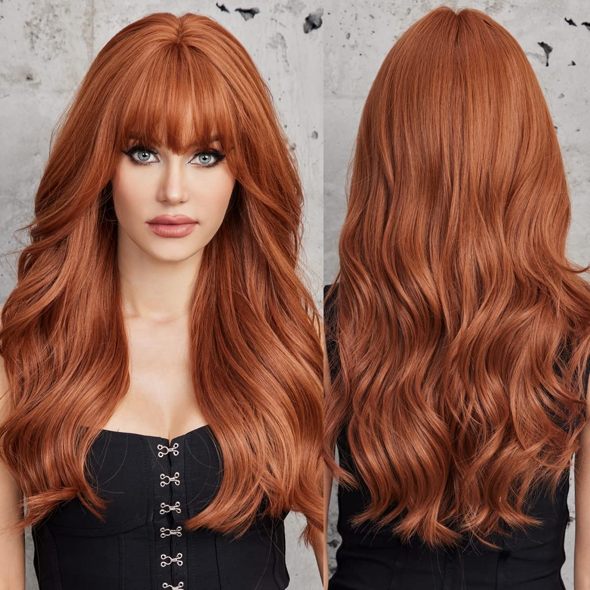 EMMOR Long Auburn Wave Wig with Bangs Red Orange Curly Wig for Women Synthetic Wig Natural Looking Heat Resistant Fiber Wigs