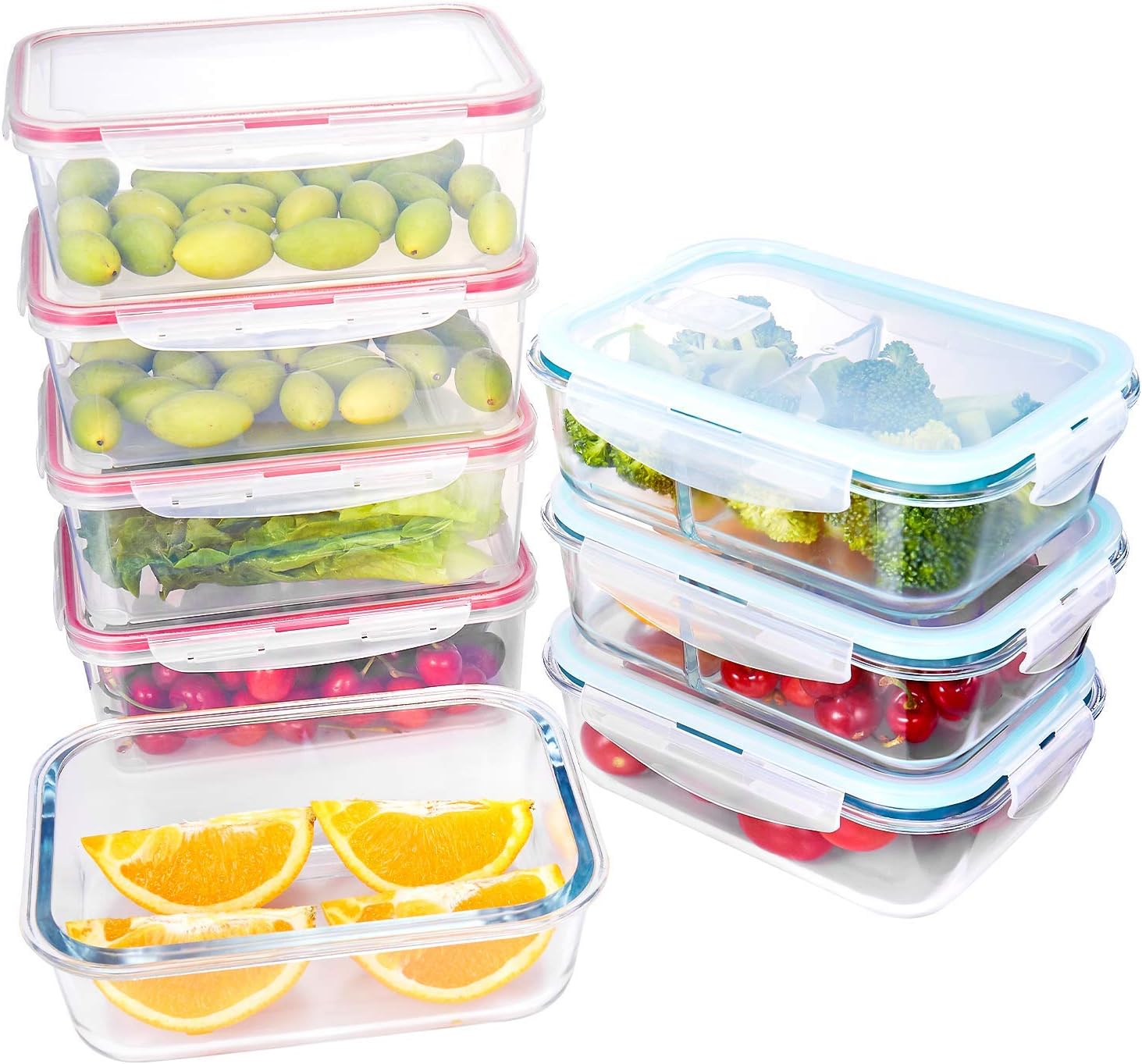 Food Storage with lids,Glass Container Sets,Plastic Cereal Dispensers,Airtight Leak Proof Easy Snap Lock and BPA Free Plastic Container Set for Kitchen Use (8 Pieces)