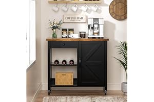4 EVER WINNER Coffee Bar, Farmhouse Coffee Bar Cart on Wheels with Storage Cabinet and Adjustable Shelves, Wood Corner Coffee Bar Station for Kitchen Dining Room, Living Room, Black