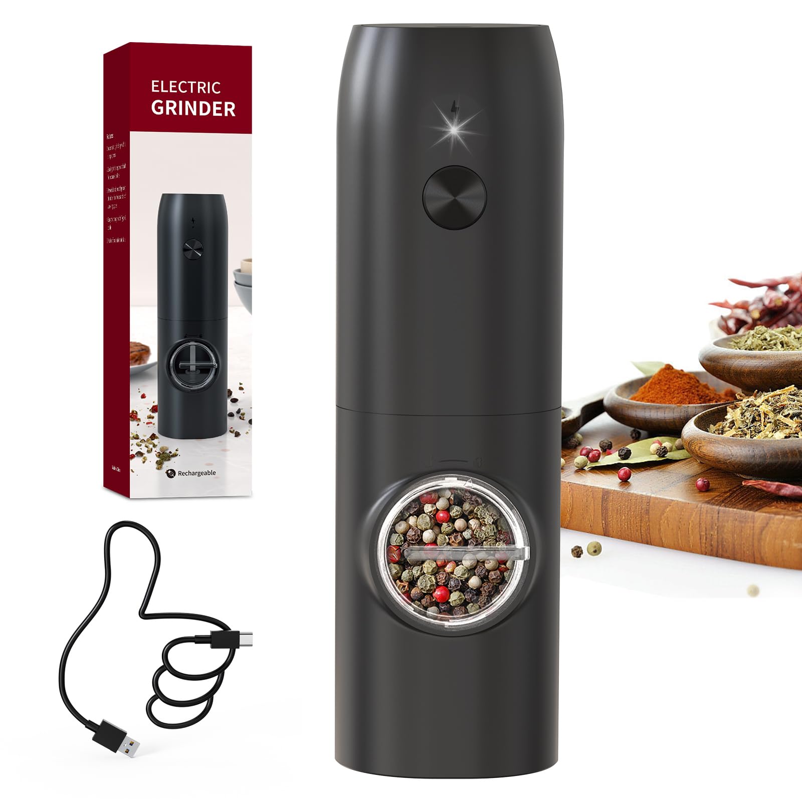 CIRCLE JOY Electric Salt Pepper Grinder Rechargeable Pepper Mills with Adjustable Grind Coarseness, Led Light, One-Hand Operation Automatic Salt Mills, No Pepper or Salt Included