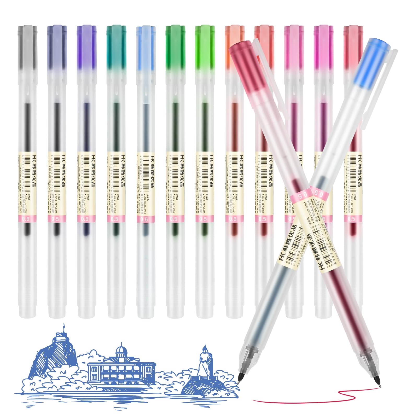 OFFCUP Gel Ink Pens, 12pcs Liquid Ink Rollerball Pen, 0.5mm Fine Point Ballpoint Pens Japanese Style Gel Pens for Writing and Journaling, Stationery for Home, School, Office Supplies (Multicolor)