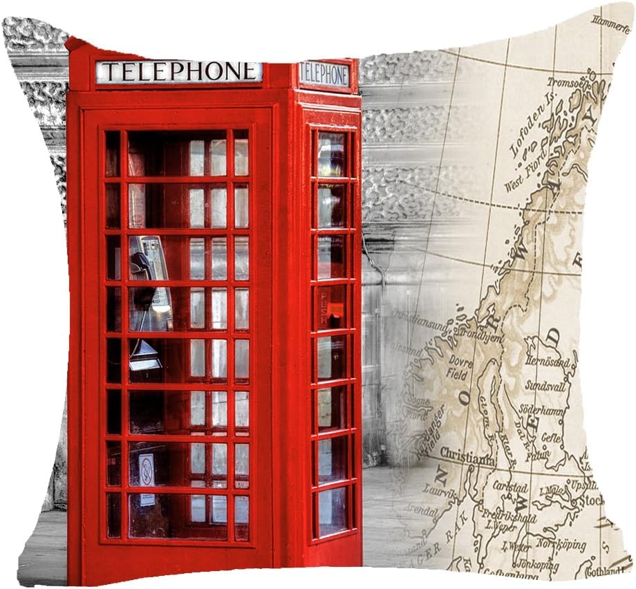 SOPARLLY Retro Vintage British Red Phone Booth Street Landmark Buildings and Tourism Scenery World Map Cotton Linen Decorative Throw Pillow Case Cushion Cover Square 18"X18