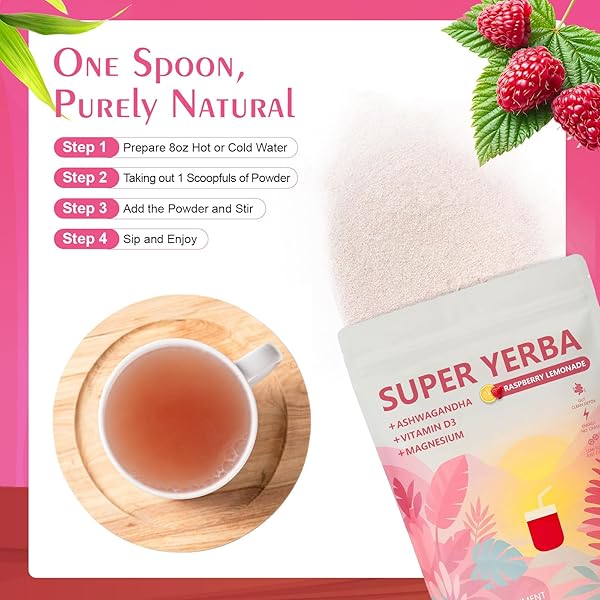 SUPER YERBA,YERBA MATE INSTANT TEA POWDER，RASPBERRY LEMONADE FLAVOR，YERBA MATE SUPPLEMENTS WITH PREBIOTICS AND PROBIOTICS，ENERGY BOOST, PROMOTE MENTAL CLARITY AND GUT HEALTH ， LOW SUGA (200G)