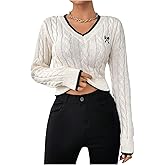 OYOANGLE Women's V Neck Cable Knit Long Sleeve Sweater Y2K Bow Embroidery Casual Cropped Pullover Tops