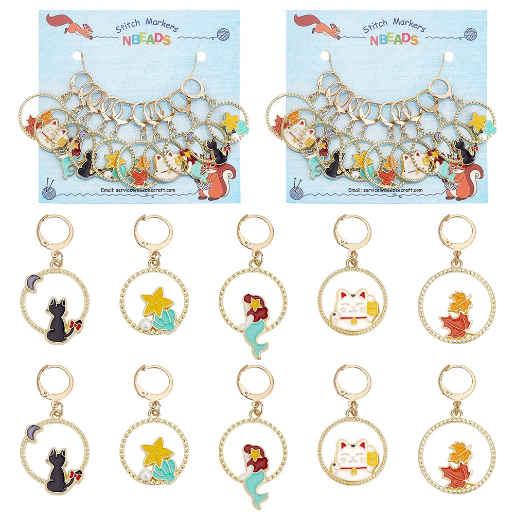 NBEADS 20 Pcs Round Ring with Animal Stitch Markers, Alloy Enamel Crochet Stitch Marker Charms 304 Stainless Steel Clasp Locking Stitch Marker for Knitting Weaving Sewing Jewelry Making