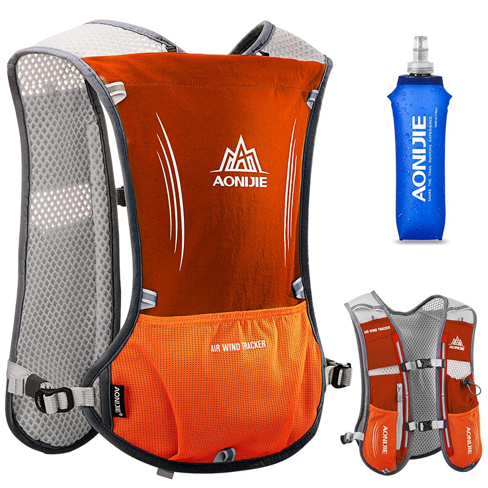 HINATAA Lightweight Running Hydration Backpack, 5L 190g Running Hydration Vest for Women and Men Cycling Running Climbing Hiking Vest Pack (Orange with 500ML water bottle)