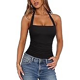 PINKMSTYLE Halter Square Neck Bodysuits for Women Mesh Sleeveless Thong Body Suits Tank Tops Double Lined Fitted Top