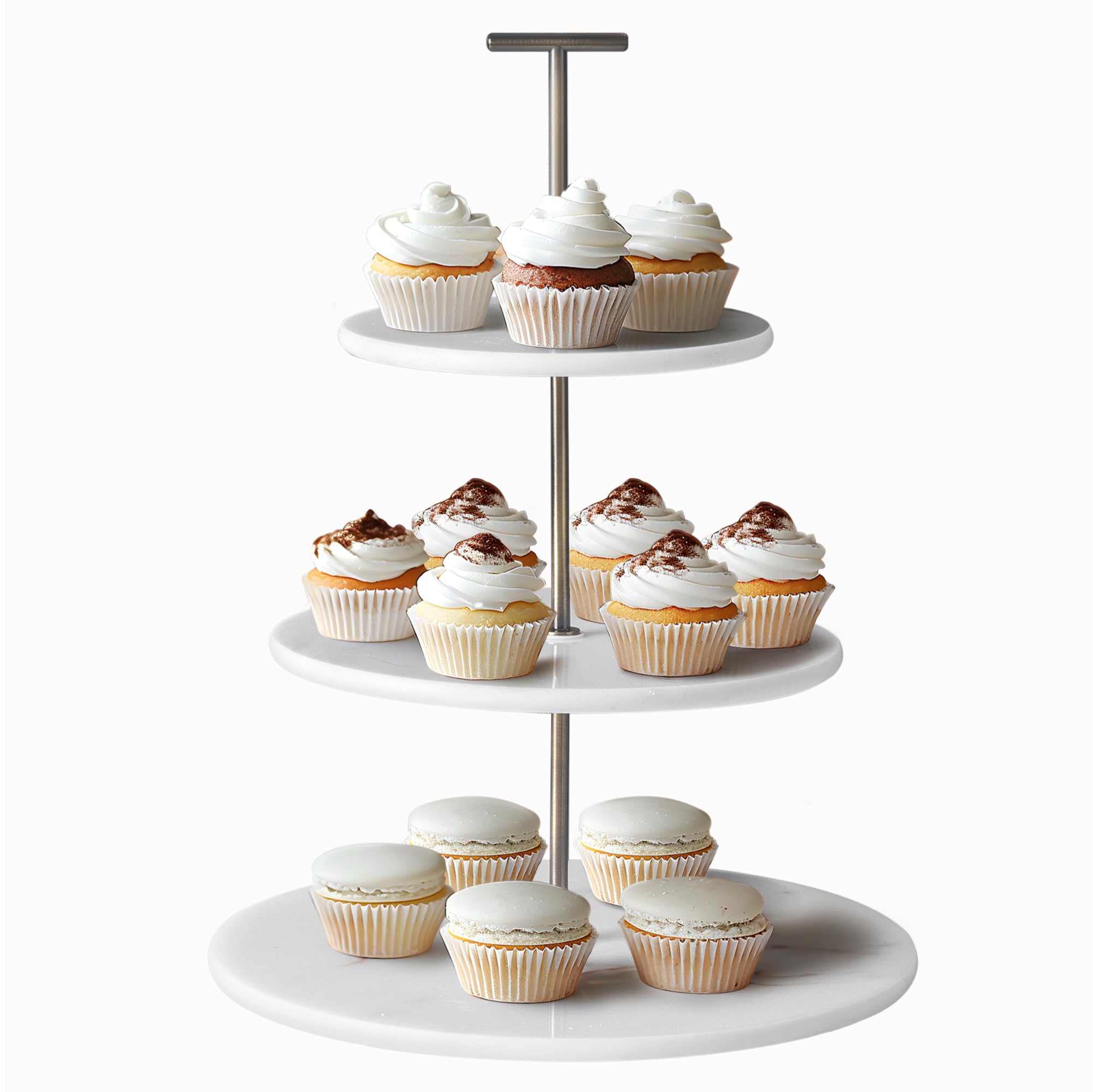 Navaris 3 Tier Cake Stand, Round, White - Natural Marble Tiered Tray Cupcake Stand - Afternoon Tea Stands Perfect for Cupcakes, Cakes, Desserts, Fruit & More
