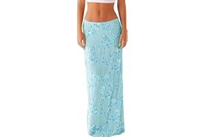 SOOKABEILA Women Y2k Sequin Long Skirt Bead Floral Embroidery Maxi Skirt Low Waist Rhinestone Glitter Bodycon Club Skirt