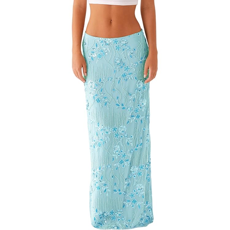 Women Y2k Sequin Long Skirt Sparkly Beaded Floral Maxi Skirt