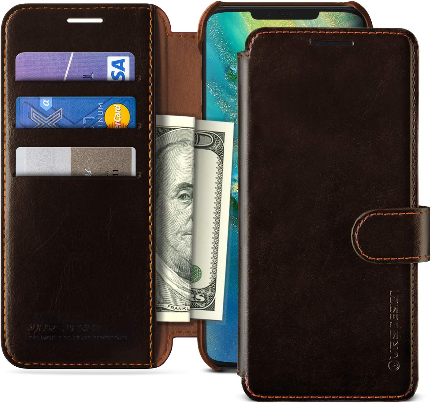 Huawei Mate 20 Pro Case, VRS Design [Brown] Drop Protection Cover Classy Slim Premium PU Leather Wallet [Layered Dandy] ID Credit Card Slot Holder Compatible with Huawei Mate 20 Pro(2018)