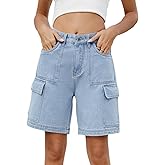 Women Cargo Jean Shorts with Pockets Casual Y2K Baggy Jorts Bermuda Knee Length Denim Shorts for Summer Streetwear