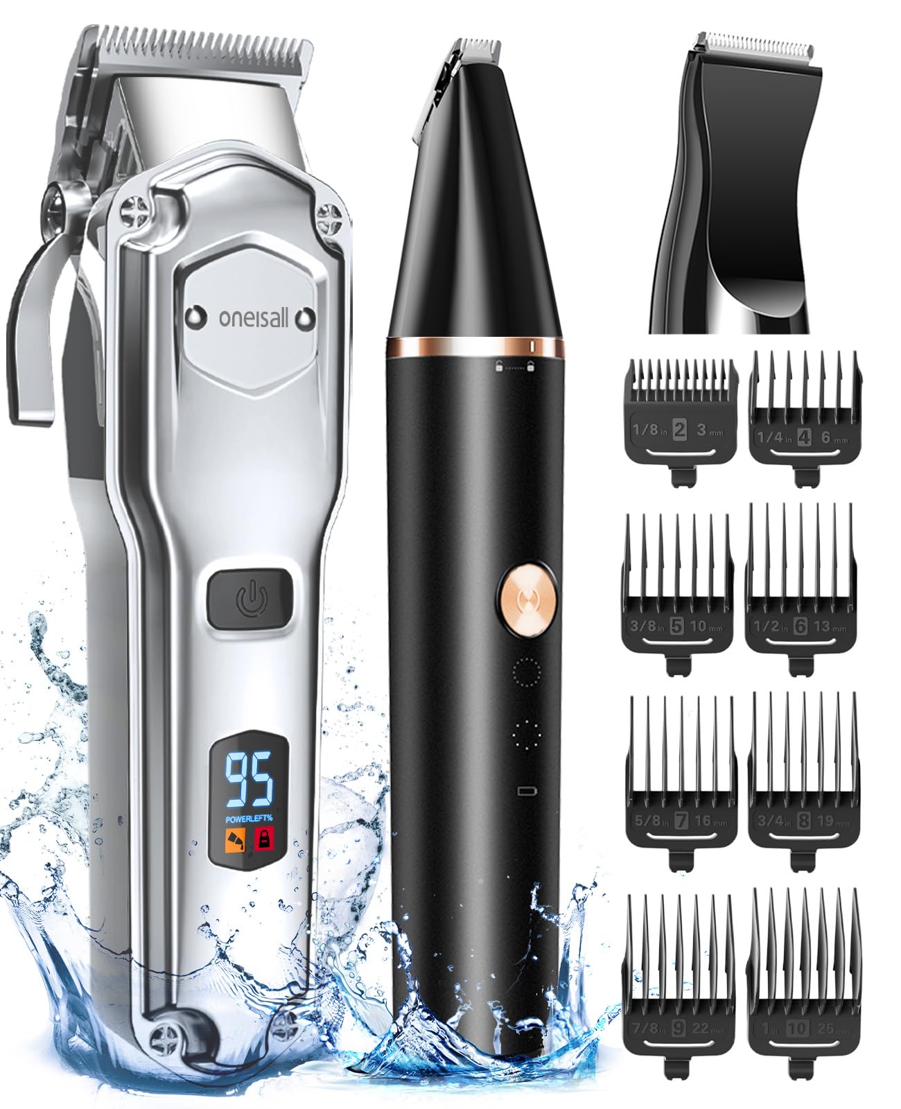 oneisall Dog Clippers & Paw Trimmer 3 in 1 Grooming Kit, Dog Clippers Professional for Thick Hair with Stainless Steel Blade, IPX7 Waterproof,Low Noise, Cordless Pet Shaver