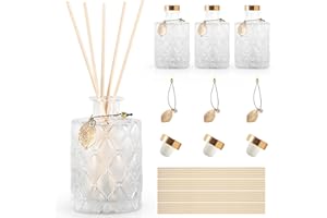 GYOSUGANG Glass Reed Diffusers Bottles for Home, Diffuser Bottles with 20PCS Reed Diffuser Sticks, Vintage Embossed Apothecary Style Flower Bud Vases with Cork Lids, Set of 3