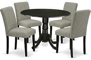 East West Furniture DLAB5-BLK-06 5 Piece Dinette Set for 4 Includes a Round Dining Room Table with Dropleaf and 4 Shitake Linen Fabric Parsons Dining Chairs, 42x42 Inch, Black