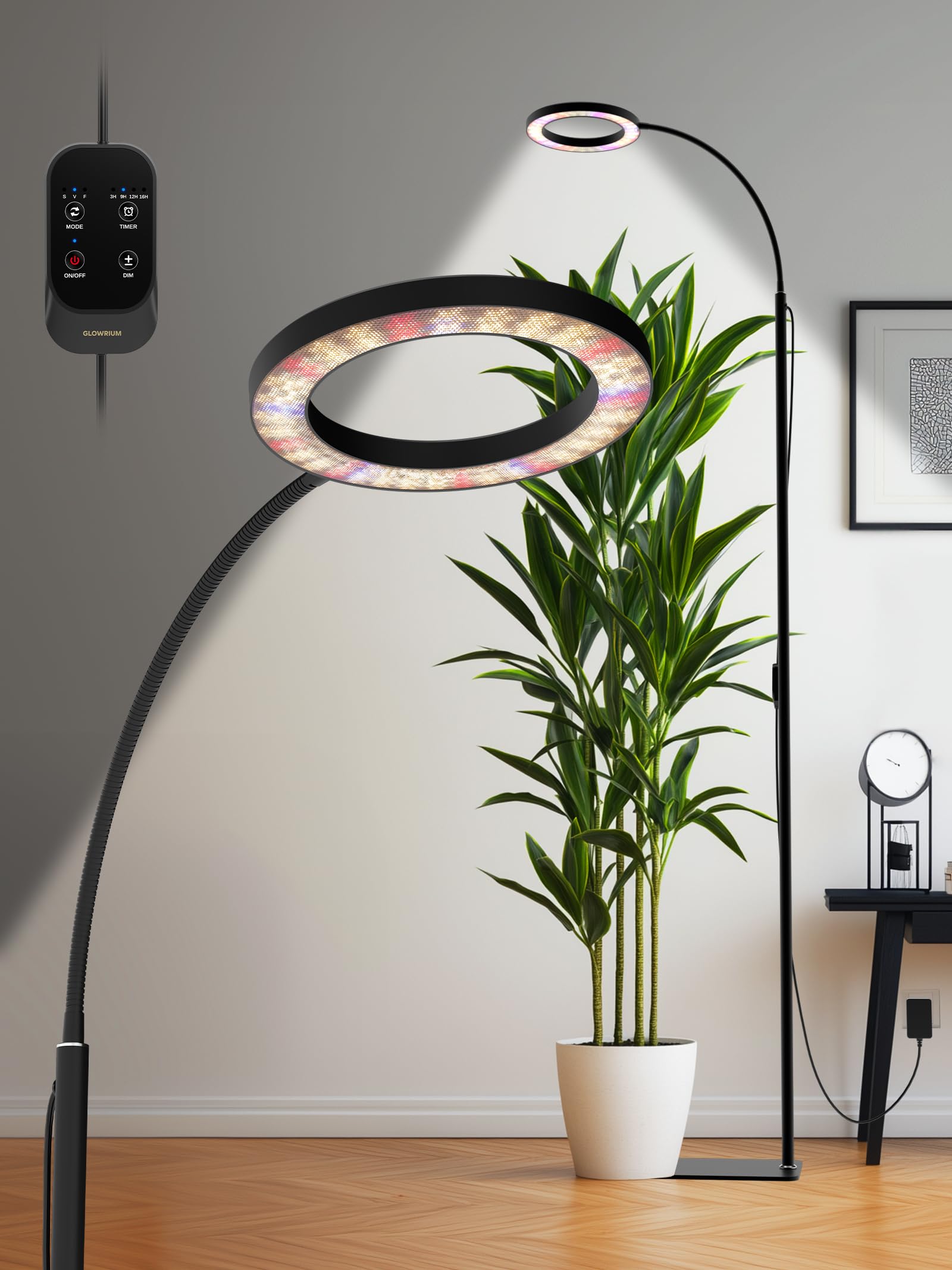 Photo 1 of GLOWRIUM Grow Lights for Indoor Plants, 24W Full Spectrum LED Grow Light, Stepless Dimming,3 Lighting Mode and Adjustable Height, Plant Light with 3/9/12/16H Timer (Black, 24W)