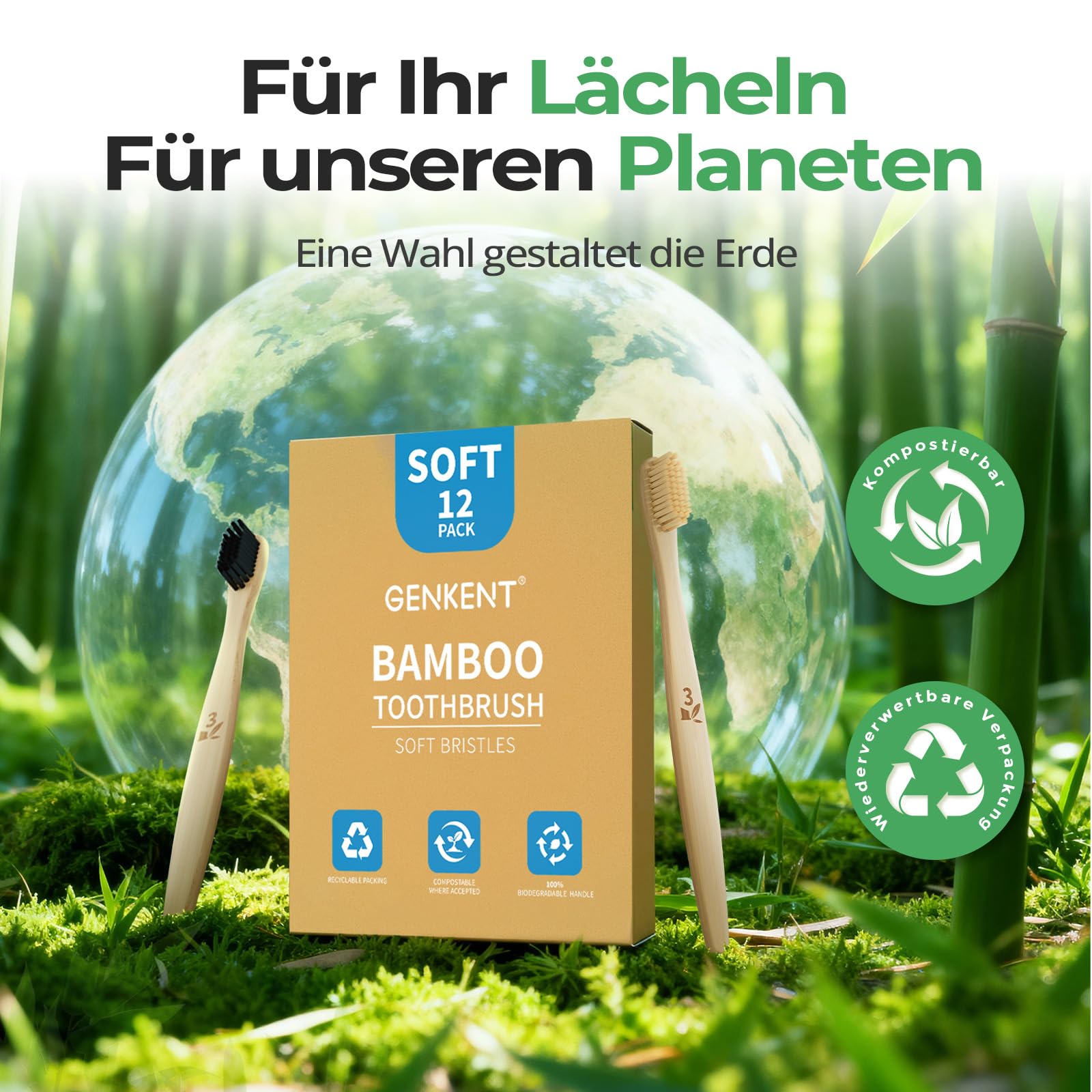 GENKENT Bambus-Zahnbürste, umweltfreundlich, natürliche Holzkohle, mit BPA-freien, weichen Borsten, 12 Stück 7