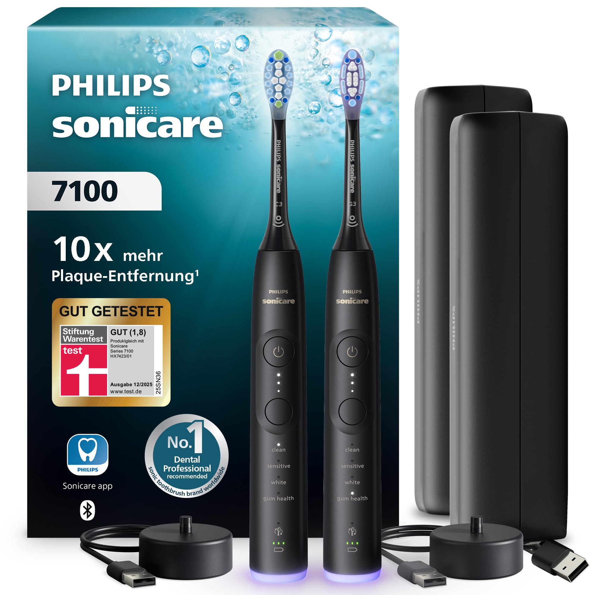 Philips Sonicare 7100 elektrische Zahnbürste, Schallzahnbürste mit App, 4 Putzmodi, 3 Intensitätsstufen, Andruckkontrolle, EasyStart, SmarTimer, Schwarz, 2er-Pack, Modell HX7429/03 [Neue Technologie]