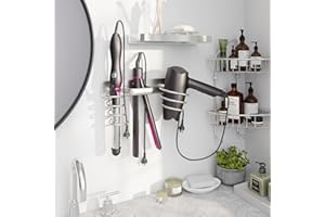 hicorfe Hair Dryer Holder 3 in 1 Hair Tool Organizer,Blow Dryer Holder Wall Mounted,Bathroom Bedroom Care Styling for Flat Iron,Curling Iron,Hair Straightener（Silver）