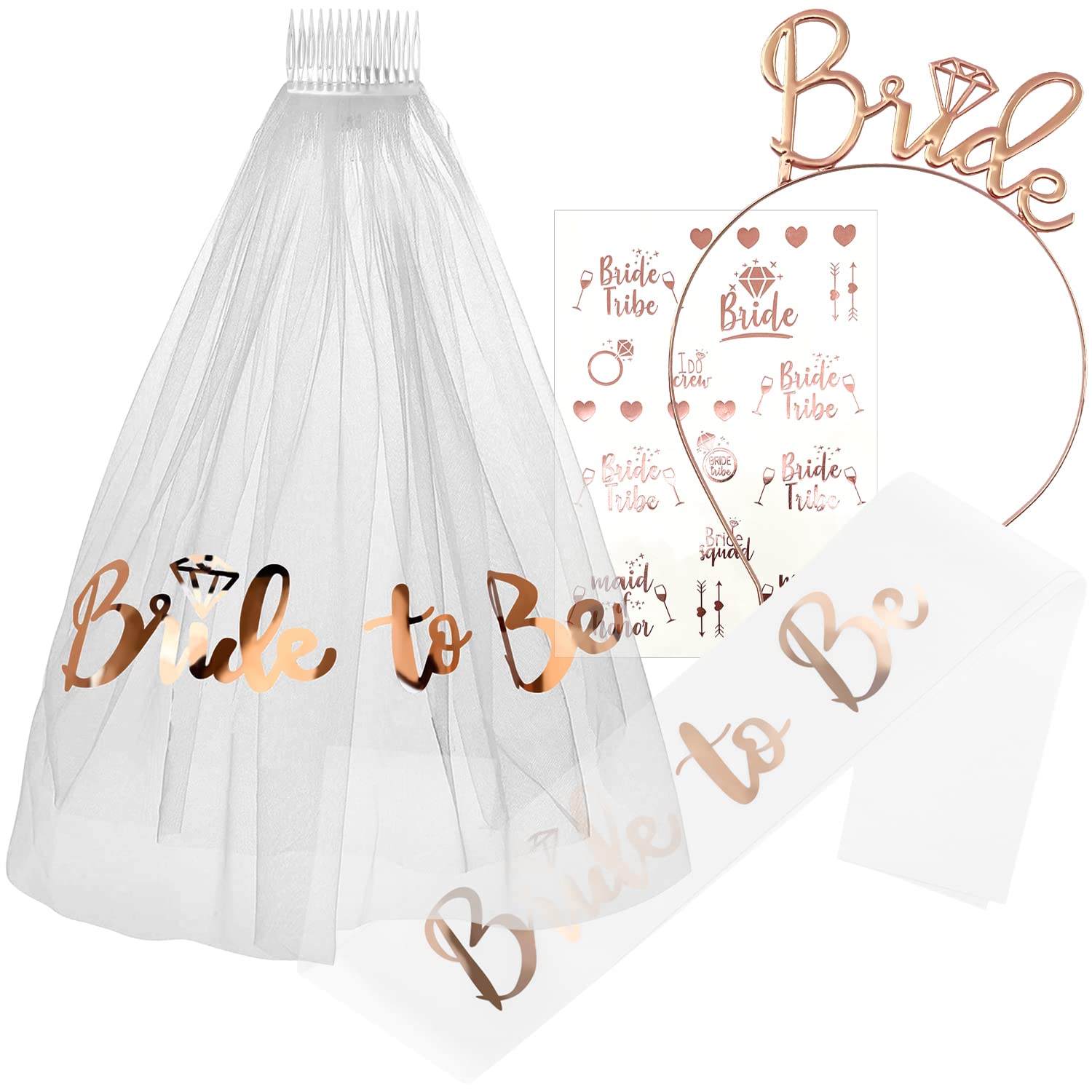 Geiomoo Bride to Be Sash, Veil with Comb, Hen Party Accessories, Headband Tattoos Set for Bridal Shower, Wedding (4 Pack)