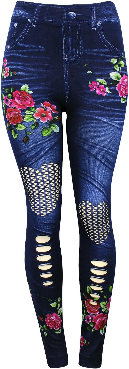 Enimay Women's Jean Look Leggings Tights Pants Floral Design Fashion Rips