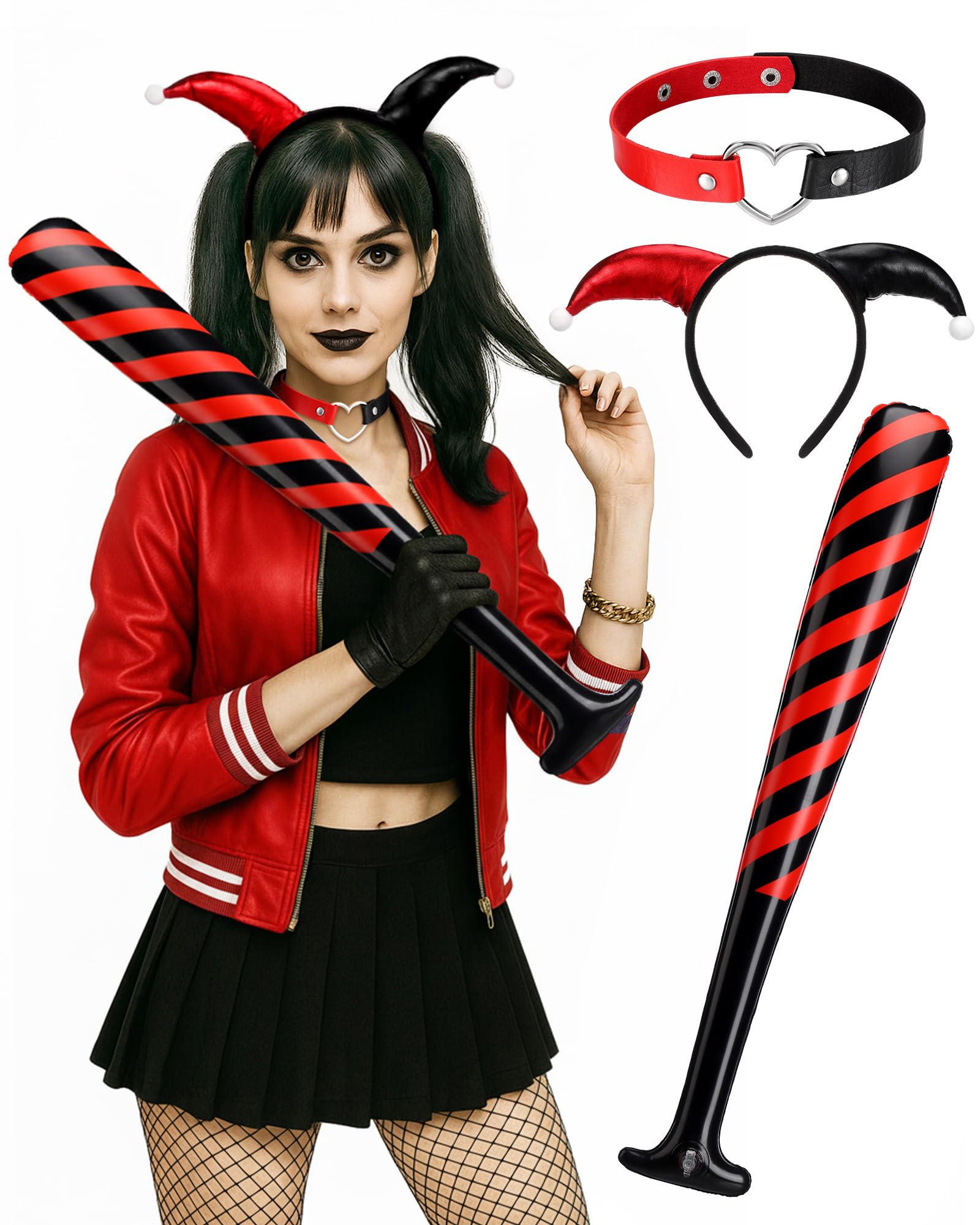 Photo 1 of * missing the baseball bat *
Crowye 3 Pcs Halloween Joker Costume for Women Jester Inflatable Bat PU Choker Headband Cosplay Accessories for Parade Party Black, Red