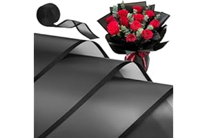 CLUEWR 20 Sheets Flower Bouquet Wrapping Paper, Waterproof Floral Packaging Paper with Ribbon Florist Supplies, 22.8 x 22.8 Inches (Black)