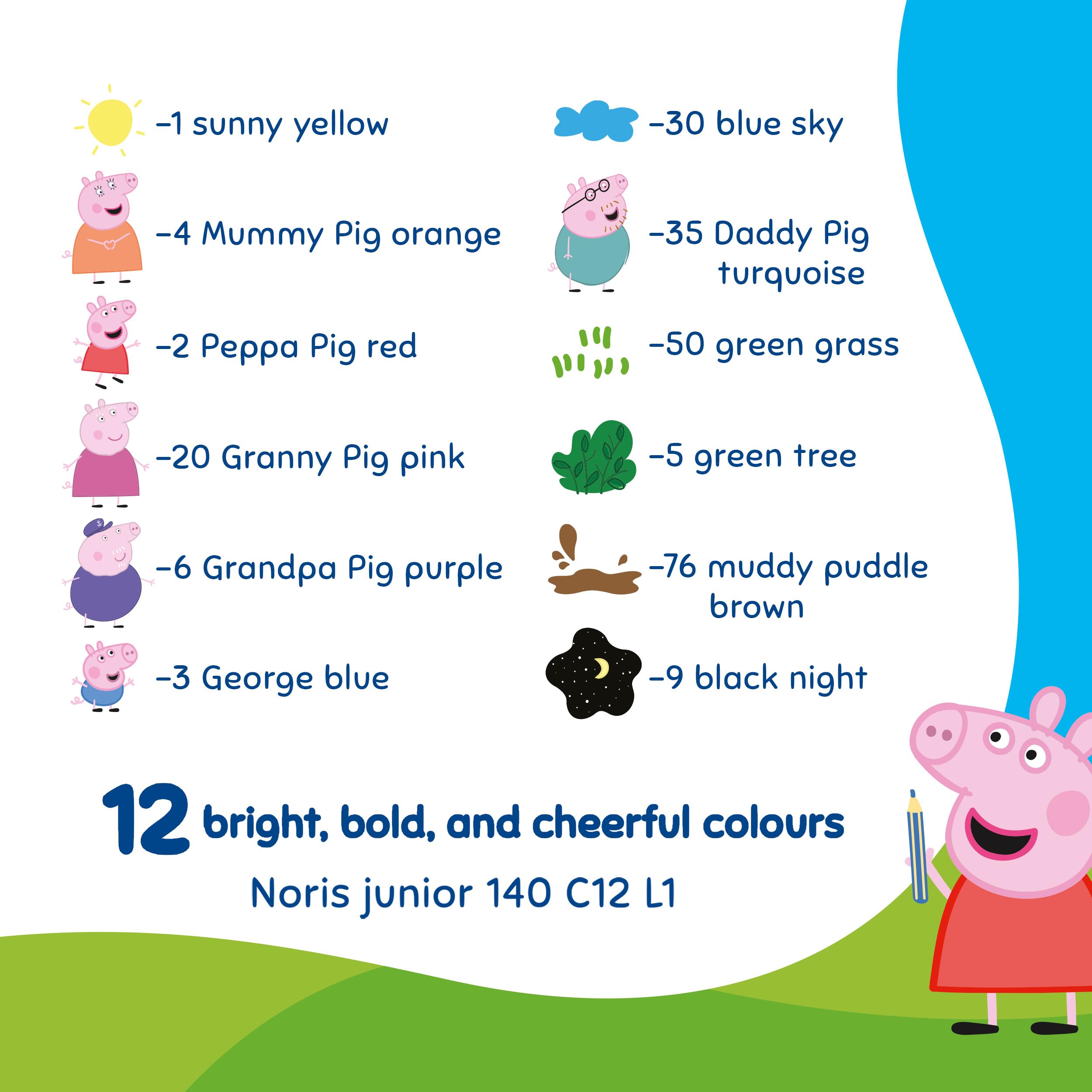 STAEDTLER Noris junior Buntstifte Peppa Wutz 12er Set - 3 in 1 Wachsmal-Aquarellstifte für vielseitige Untergründe - Extra weiche Farbminen für intensive Farben - Ergonomische Kinderstifte 5