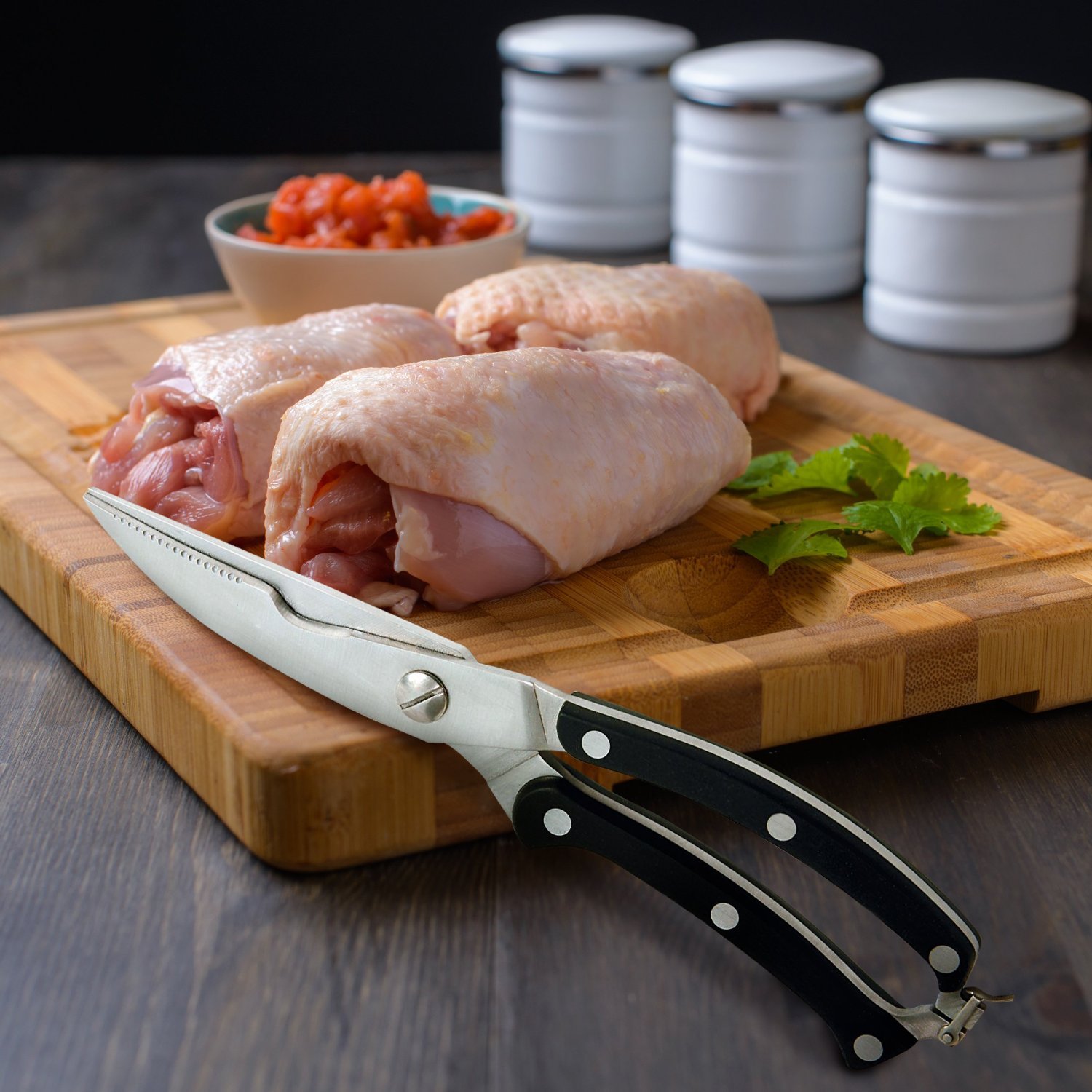 Gelindo Kitchen Scissors - Heavy Duty Stainless Steel- Spring Loaded Shears - Sharp Blade- Safety Clip- Rust Free- Comfortable Handle- Great for Poultry, Fish, Chicken, Beef, BBQ, Herbs & Plastic