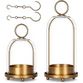 Hurricane Glass Candle Holders, Brass Hanging Candle Lanterns | Set of 2 Metal Pillar Candle Holders (11.8" &amp; 7.8") with Thick Glass Domes &amp; Hook Chains for Tabletop &amp; Hanging Decor.