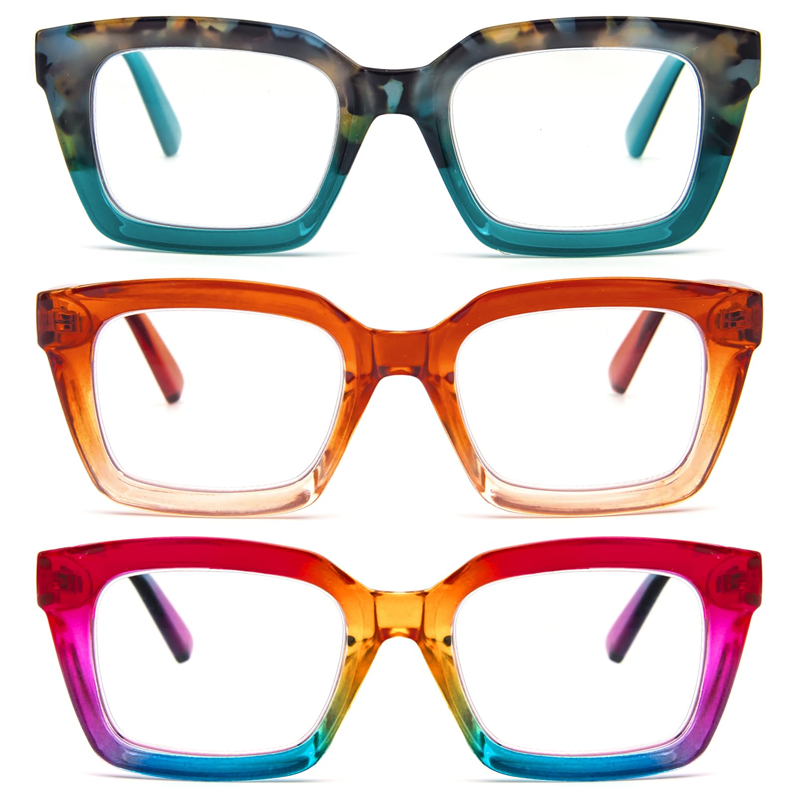 MMOWW 3-Pack Oversized Reading Glasses for Women - Anti Blue Light Glasses with Square Frame (Hawksbill blue+Orange+Rainbow, +1.0) — image 1